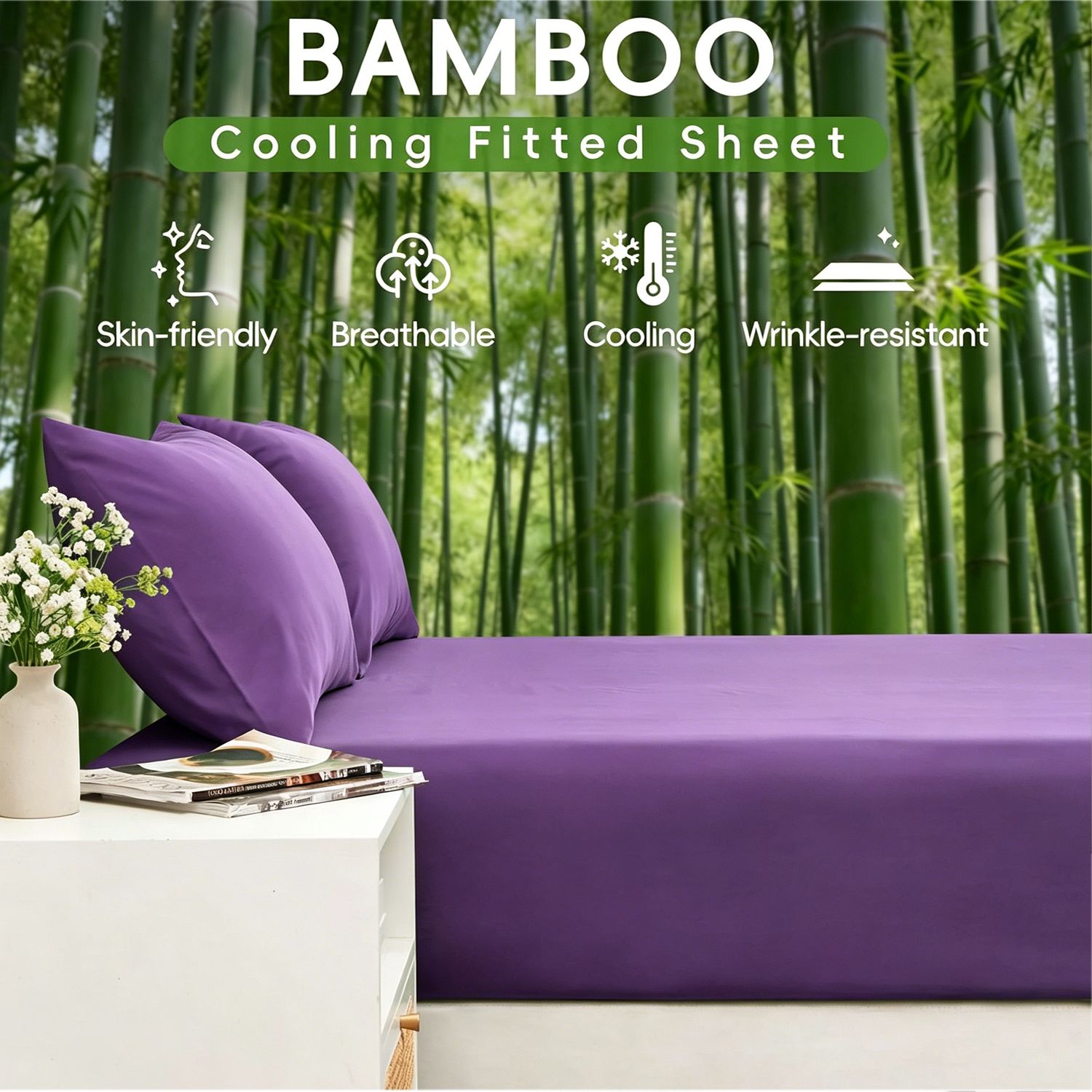 Hotel Breathable Bamboo Fitted Sheet & Pillowcase-3 Piece-Ultra Soft 2000TC Breathable Fitted Bed Sheets Set with 37 Centimetre Deep Pocket-Cooling Sheets for Hot Sleepers(Purple,Double)
