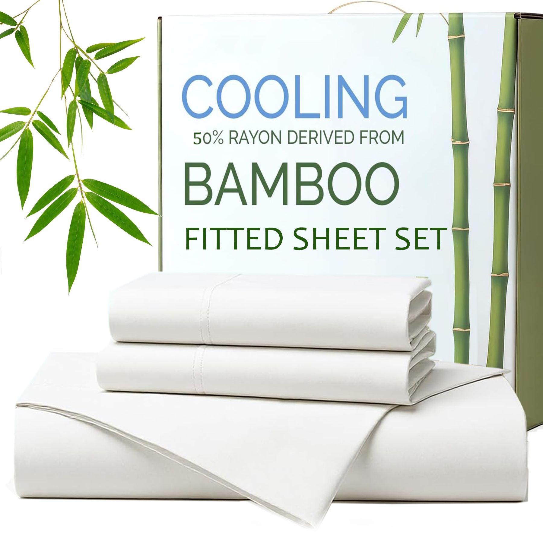 Hotel Breathable Bamboo Fitted Sheet & Pillowcase-3 Piece-Ultra Soft 2000TC Breathable Fitted Bed Sheets Set with 37 Centimetre Deep Pocket-Cooling Sheets for Hot Sleepers(White,Double)