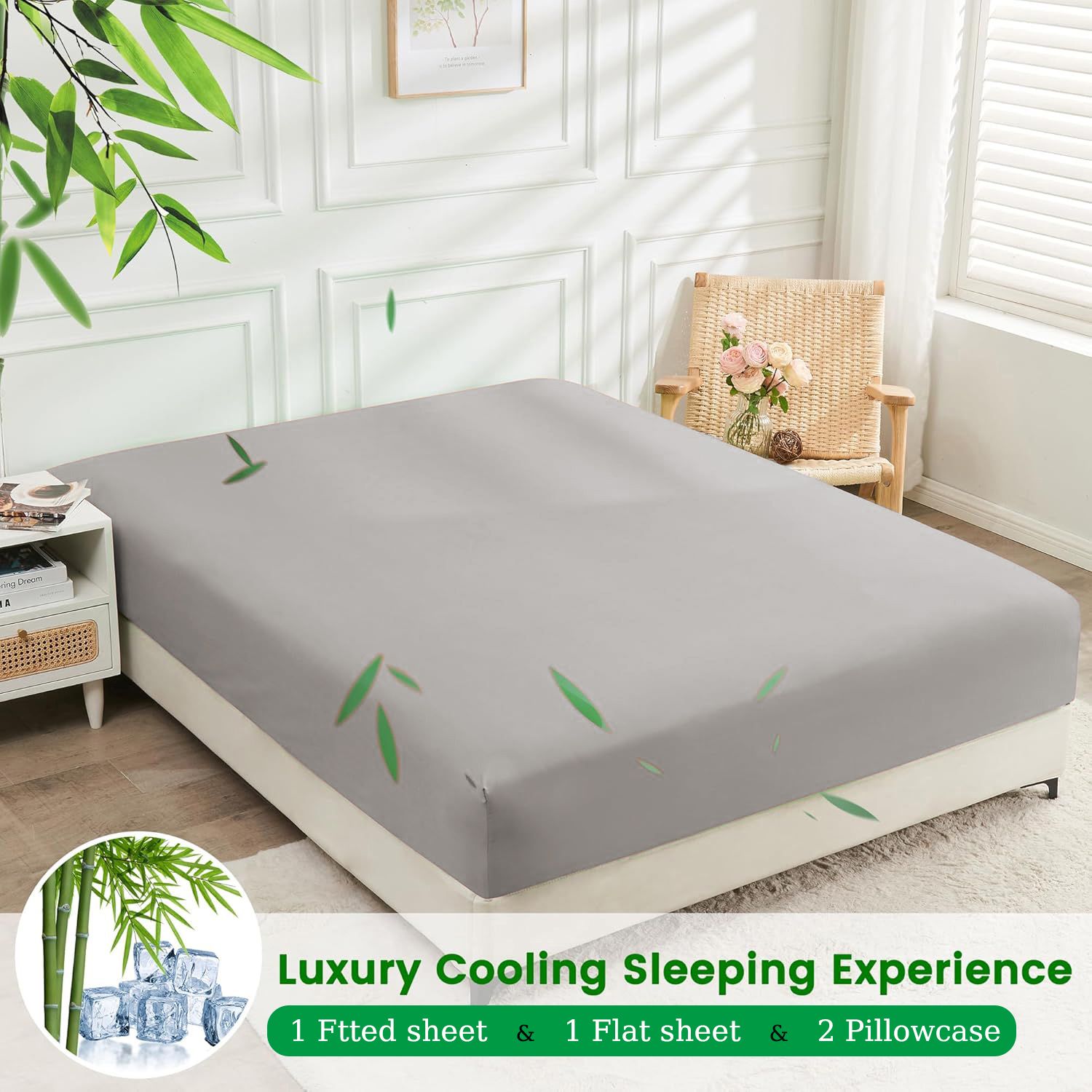 4 Piece Ultra Soft Bamboo Breathable Sheet Set -Hotel 2000TC Breathable Bed Sheets Set with 37 Centimetre Deep Pocket-Breathable Sheets for Hot Sleepers(Silver-gray,Double)