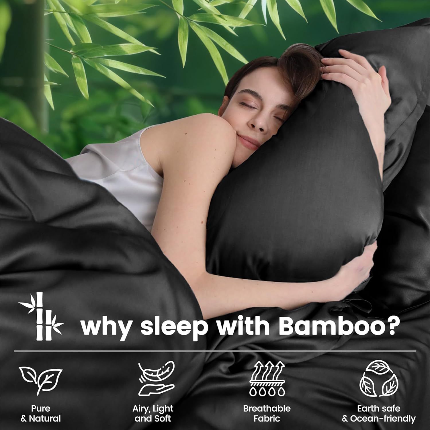 Hotel Breathable Bamboo Fitted Sheet & Pillowcase-3 Piece-Ultra Soft 2000TC Breathable Fitted Bed Sheets Set with 37 Centimetre Deep Pocket-Cooling Sheets for Hot Sleepers(Black,King)