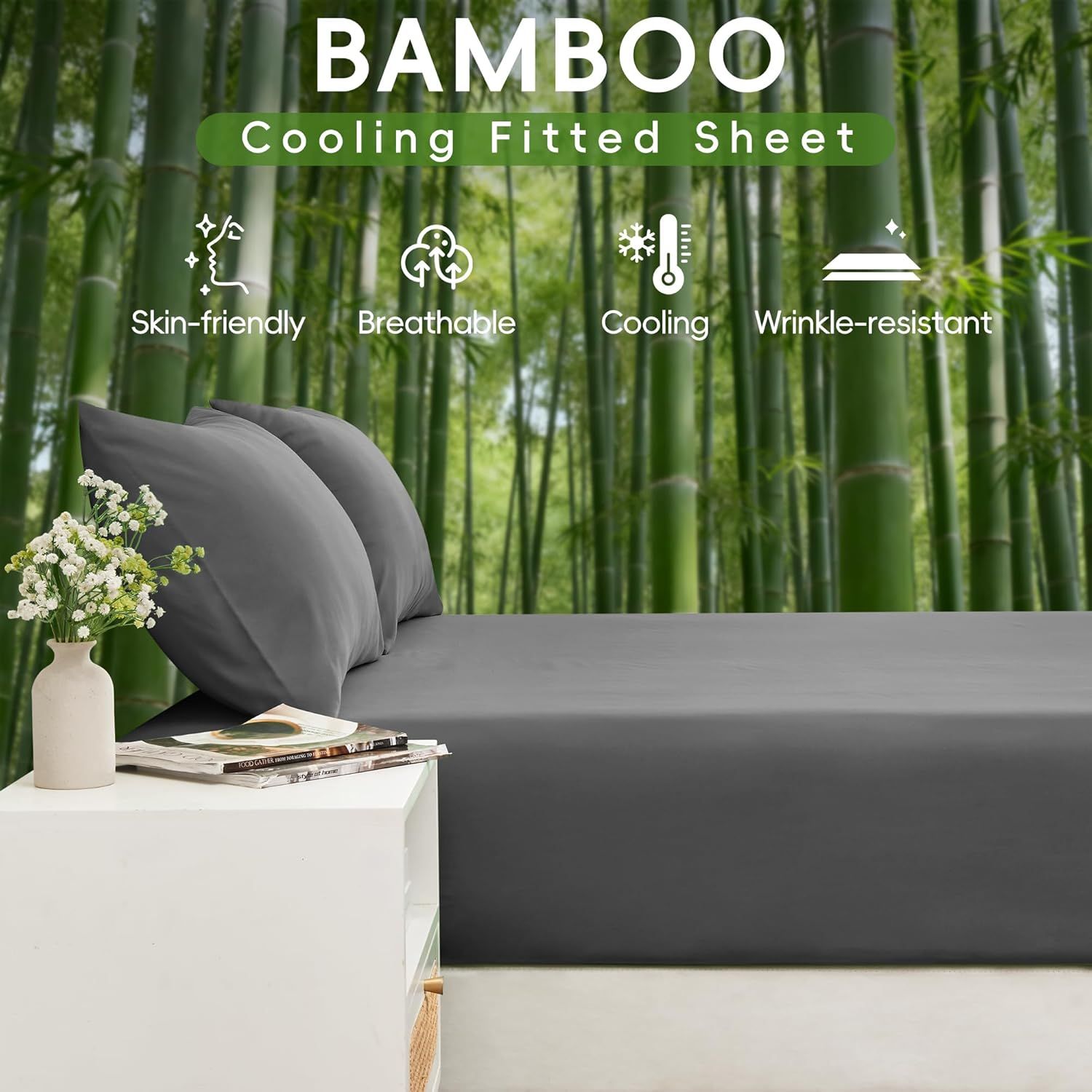 Hotel Breathable Bamboo Fitted Sheet & Pillowcase-3 Piece-Ultra Soft 2000TC Breathable Fitted Bed Sheets Set with 37 Centimetre Deep Pocket-Cooling Sheets for Hot Sleepers(Grey,King)