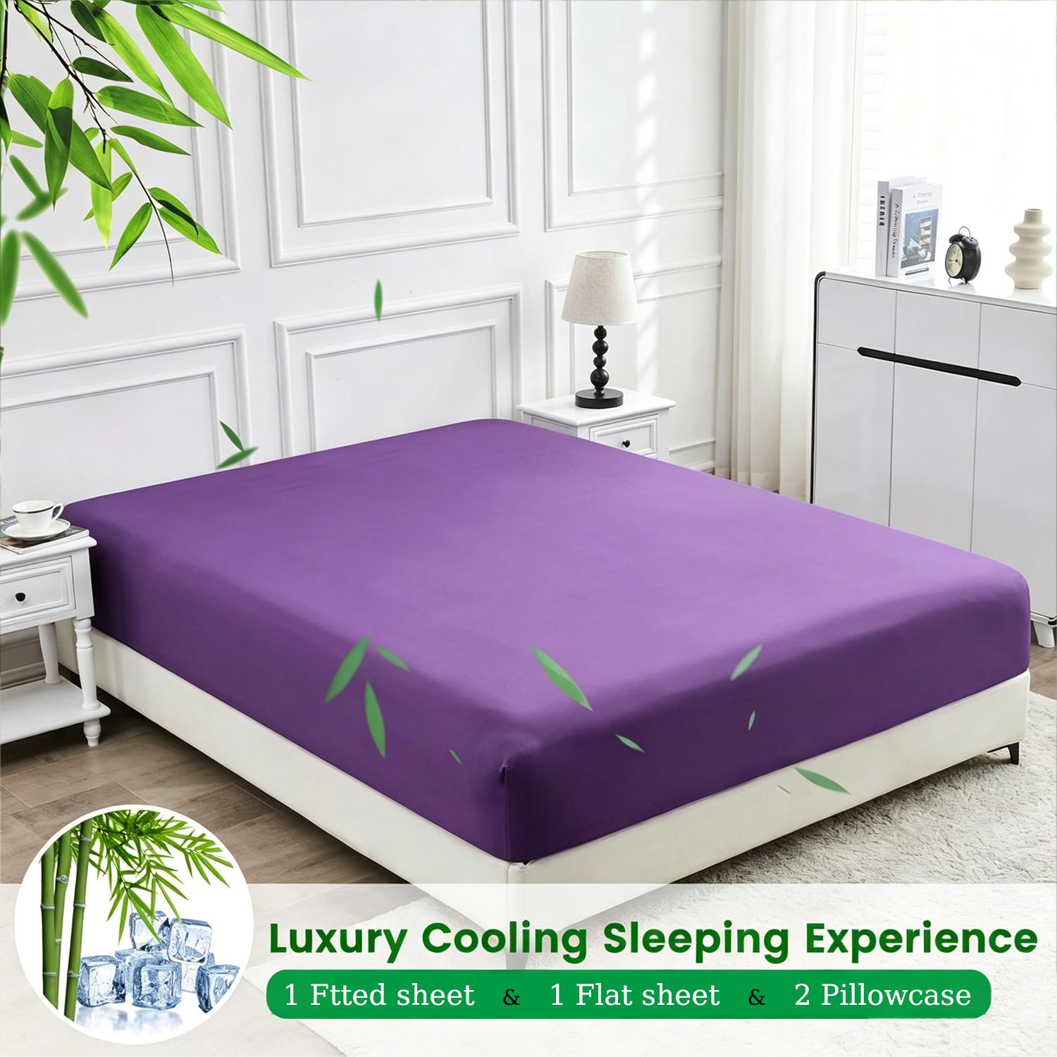 Hotel Breathable Bamboo Fitted Sheet & Pillowcase-3 Piece-Ultra Soft 2000TC Breathable Fitted Bed Sheets Set with 37 Centimetre Deep Pocket-Cooling Sheets for Hot Sleepers(Purple,King)