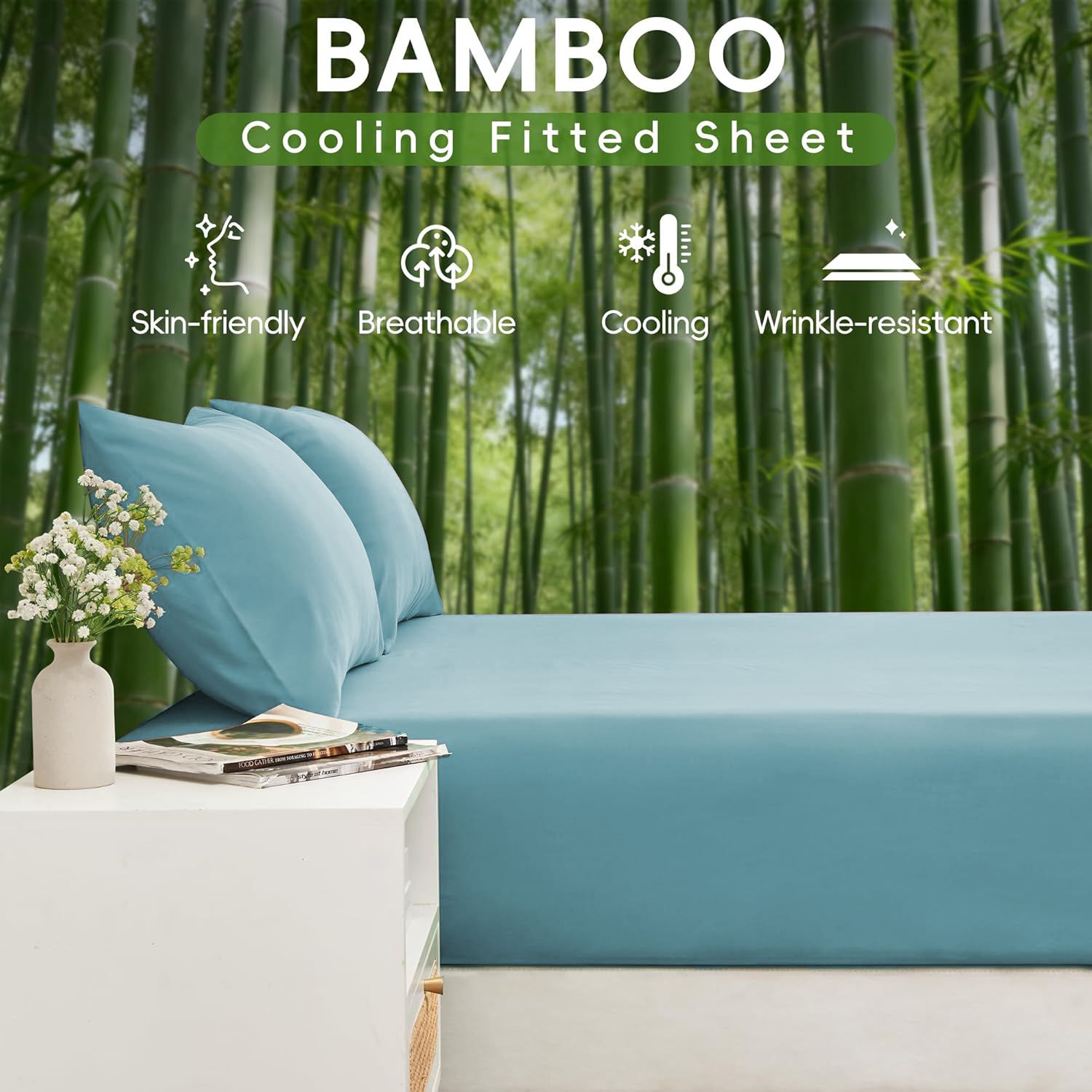 Hotel Breathable Bamboo Fitted Sheet & Pillowcase-3 Piece-Ultra Soft 2000TC Breathable Fitted Bed Sheets Set with 37 Centimetre Deep Pocket-Cooling Sheets for Hot Sleepers(Sky Blue,King)