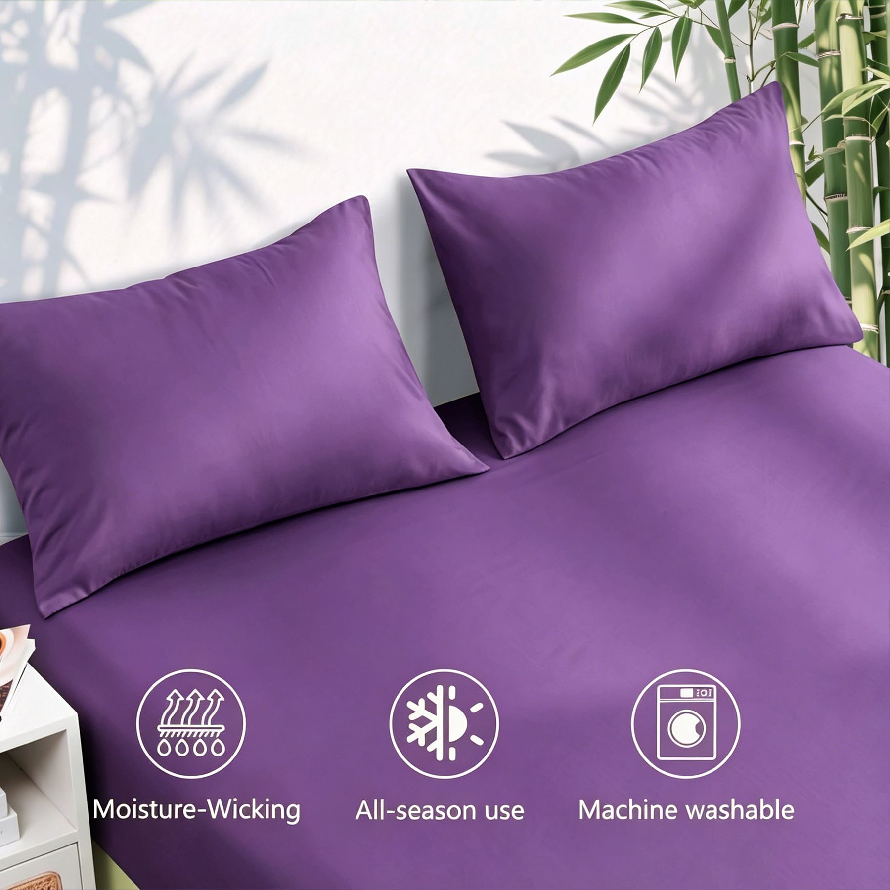 Hotel Breathable Bamboo Fitted Sheet & Pillowcase-2 Piece-Ultra Soft 2000TC Breathable Fitted Bed Sheets Set with 37 Centimetre Deep Pocket-Cooling Sheets for Hot Sleepers(Purple,King Single)