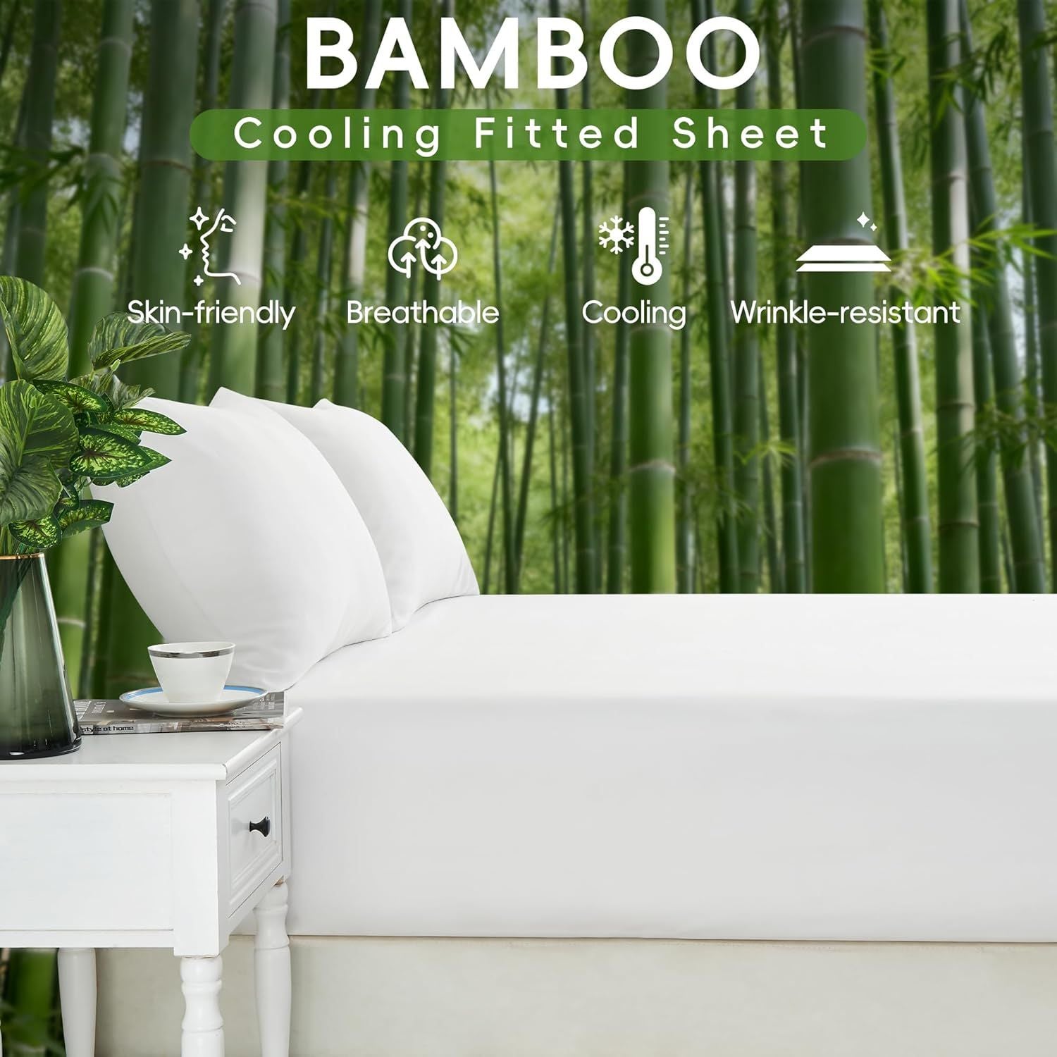 Hotel Breathable Bamboo Fitted Sheet & Pillowcase-2 Piece-Ultra Soft 2000TC Breathable Fitted Bed Sheets Set with 37 Centimetre Deep Pocket-Cooling Sheets for Hot Sleepers(White,King Single)