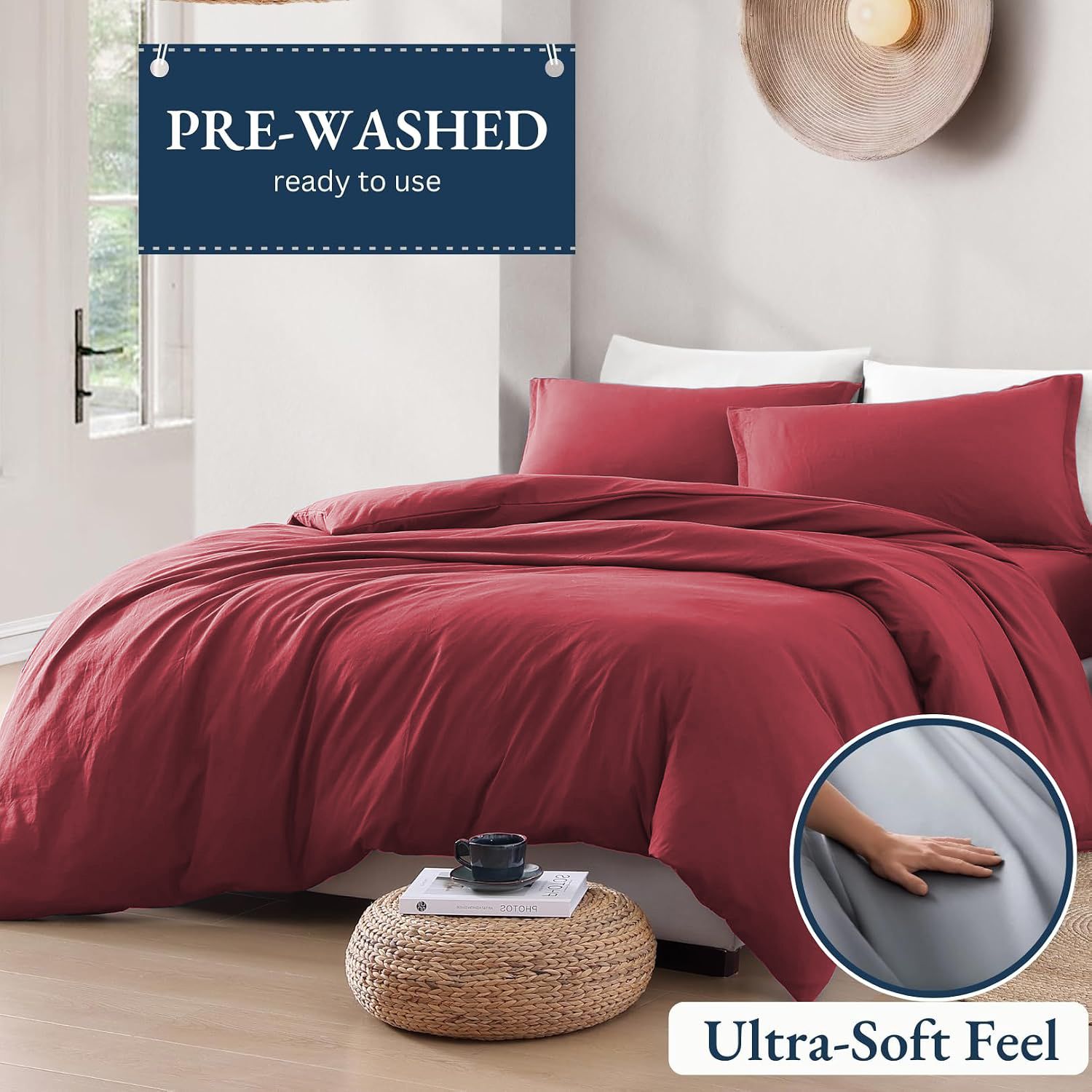 Hotel Soft Microfiber Duvet Cover Set-2000TC Quilt Cover Set & Pillowcases -1 Donna Cover Zipper Closure & 1 x Pillowcases-Breathable Bedding - Wrinkle, Fade, Stain Resistant(Red,Double)