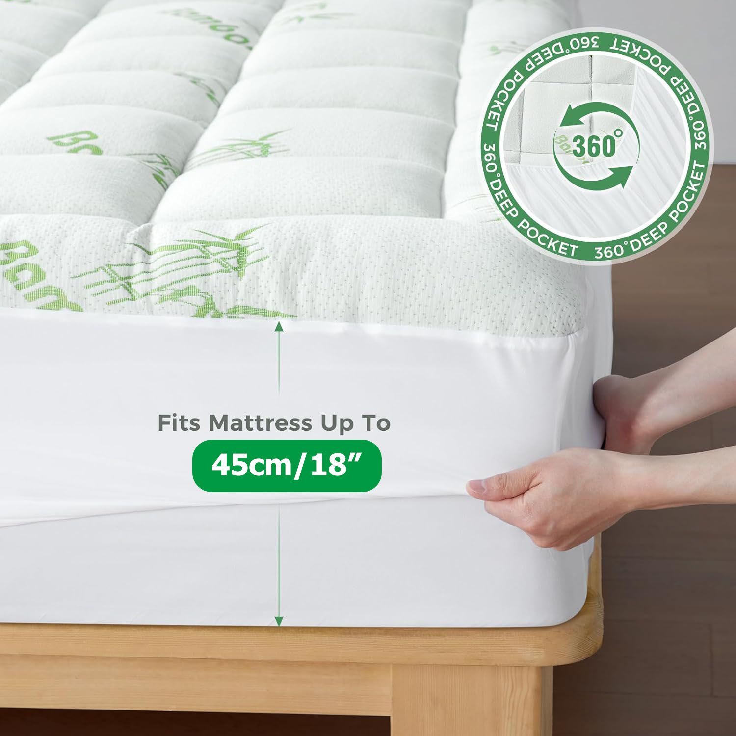 800GSM Mattress Topper Viscose Derived from Bamboo, Thick Pillowtop Fitted Mattress Cover with 45cm Deep Skirt - Machine Washable Hypoallergenic(Double,Green)