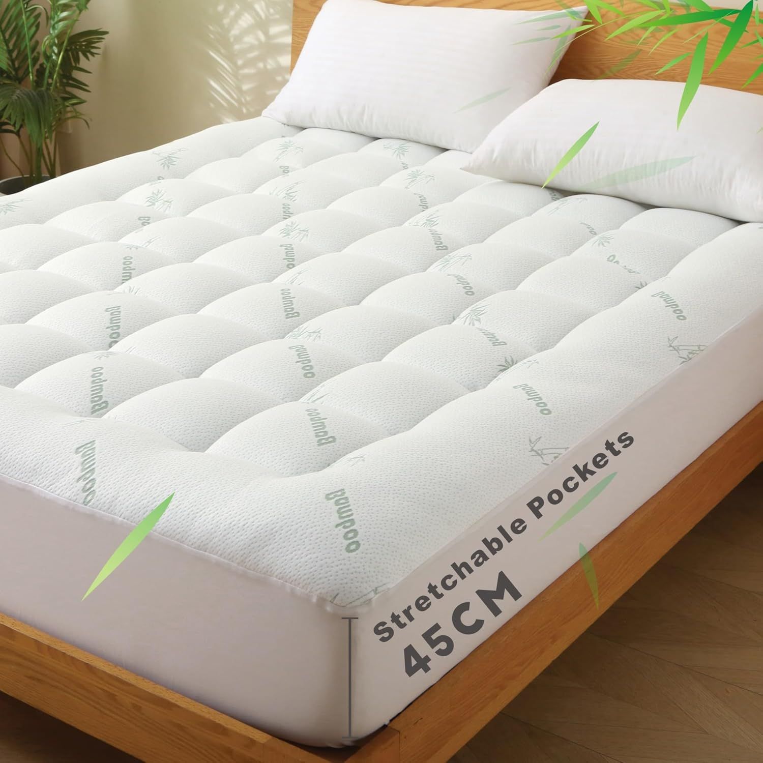 800GSM Mattress Topper Viscose Derived from Bamboo, Thick Pillowtop Fitted Mattress Cover with 45cm Deep Skirt - Machine Washable Hypoallergenic(Queen,,Green)