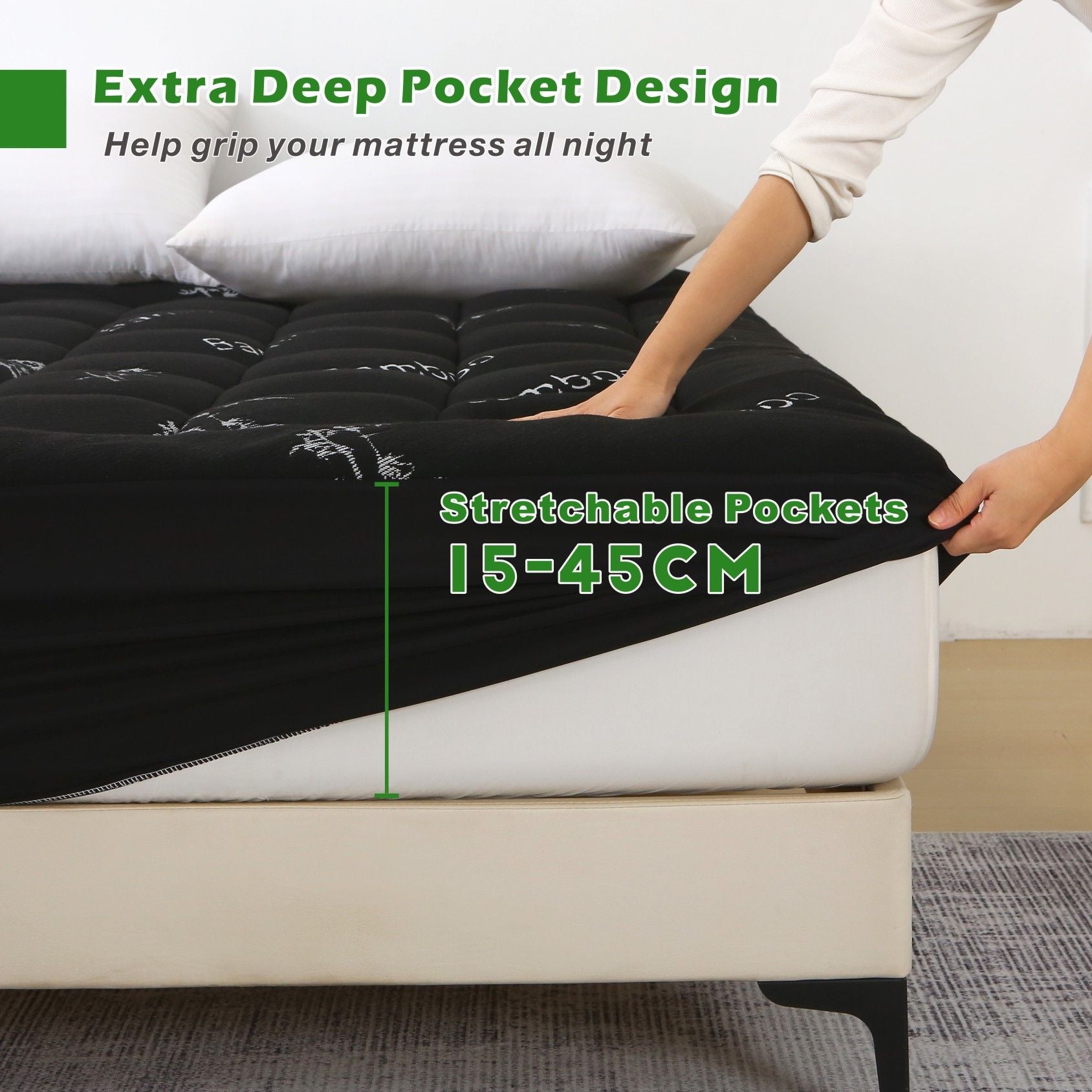 800GSM Mattress Topper Viscose Derived from Bamboo, Thick Pillowtop Fitted Mattress Cover with 45cm Deep Skirt - Machine Washable Hypoallergenic(Super King,Black)