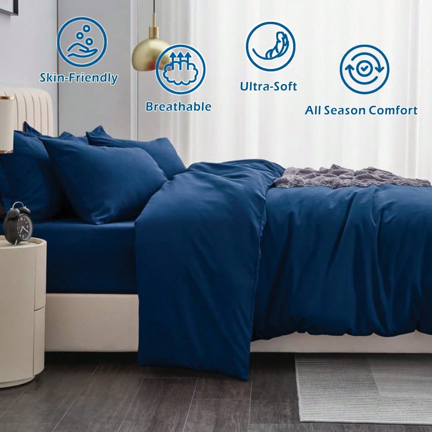 Hotel Soft Microfiber Duvet Cover Set-2000TC Quilt Cover Set & Pillowcases -1 Donna Cover Zipper Closure & 1 x Pillowcases-Breathable Bedding - Wrinkle, Fade, Stain Resistant(Navy,Double)