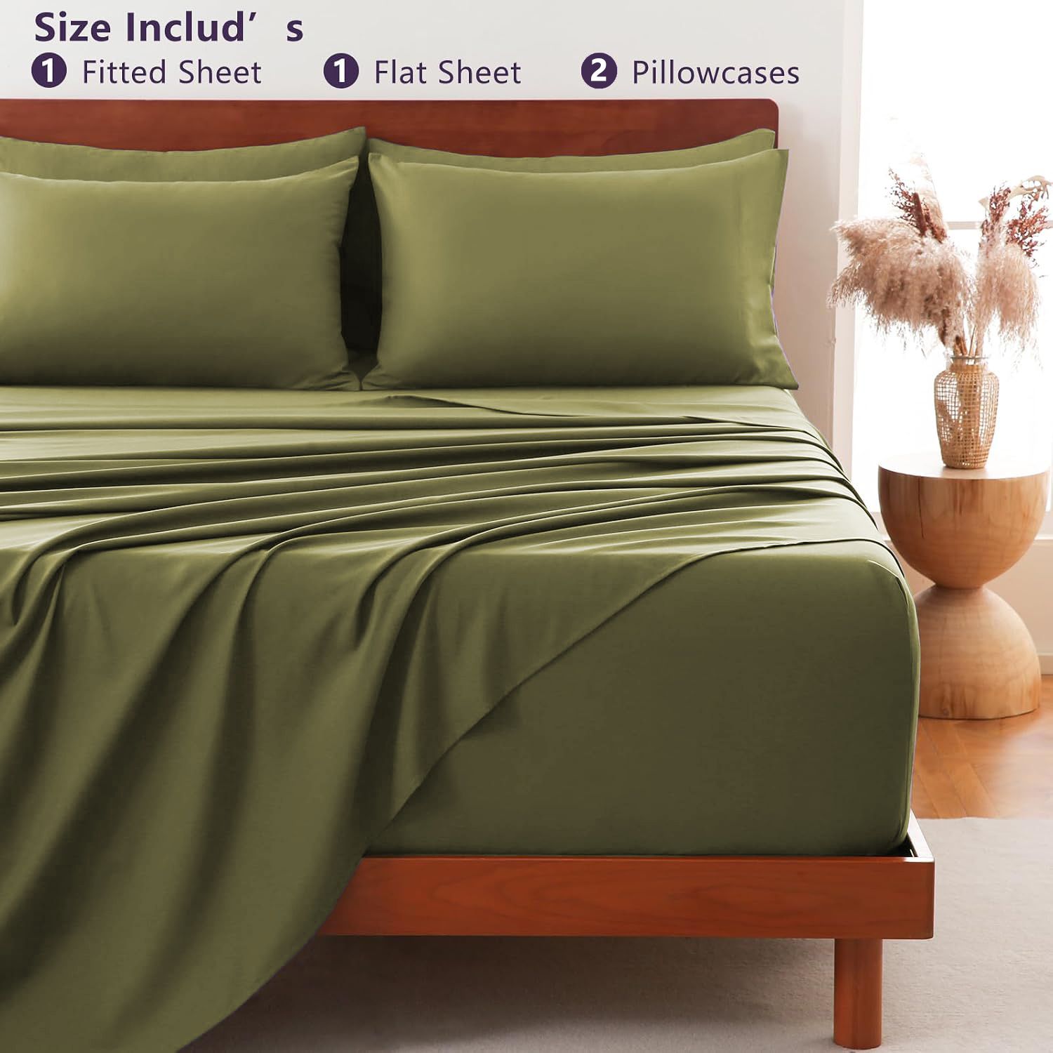 Hotel Soft Bed Sheet Set- Bedding Sheets & Pillowcases -Breathable Bedding - Wrinkle, Fade, Stain Resistant-Deep Pocket Flat Fitted Bed Sheet Set(Olive green,King)