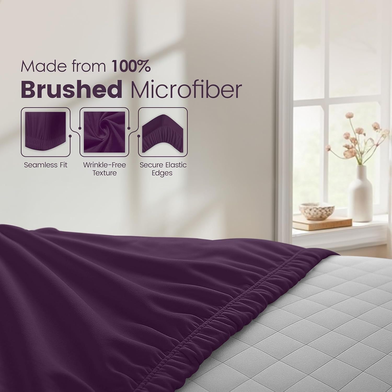 Hotel Quality Fitted Sheet - 1 Piece Fitted Sheet  -Breathable Bedding - Wrinkle, Fade, Stain Resistant- 16inch/40cm Deep Pocket Fitted Bed Sheet-Wrinkle and Fade Resistant,(Purple,King)