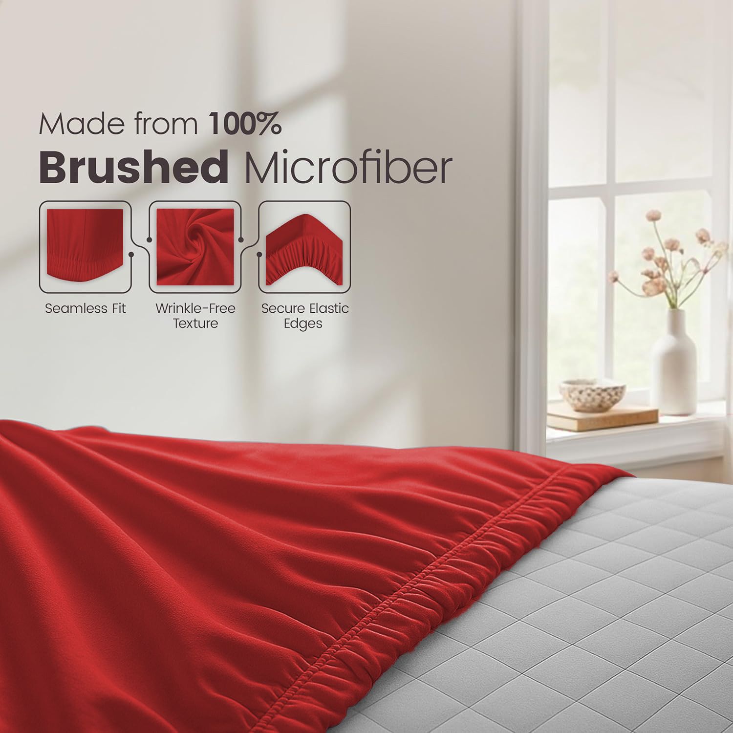 Hotel Quality Fitted Sheet - 1 Piece Fitted Sheet  -Breathable Bedding - Wrinkle, Fade, Stain Resistant- 16inch/40cm Deep Pocket Fitted Bed Sheet-Wrinkle and Fade Resistant,(Red,King Single)