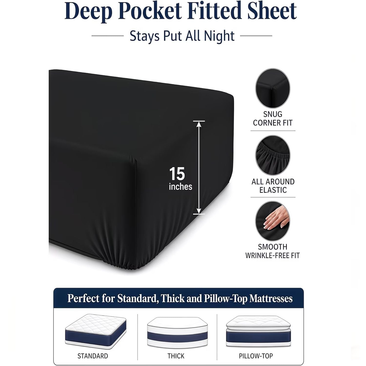 Hotel Quality Fitted Sheet - 1 Piece Fitted Sheet  -Breathable Bedding - Wrinkle, Fade, Stain Resistant- 16inch/40cm Deep Pocket Fitted Bed Sheet-Wrinkle and Fade Resistant,(Black,King Single)