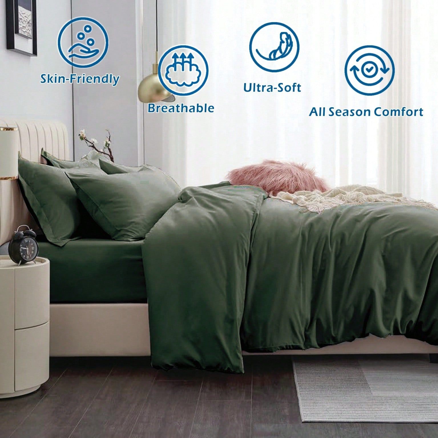 Hotel Soft Microfiber Duvet Cover Set-2000TC Quilt Cover Set & Pillowcases -1 Donna Cover Zipper Closure & 1 x Pillowcases-Breathable Bedding - Wrinkle, Fade, Stain Resistant(Olive green,Queen)