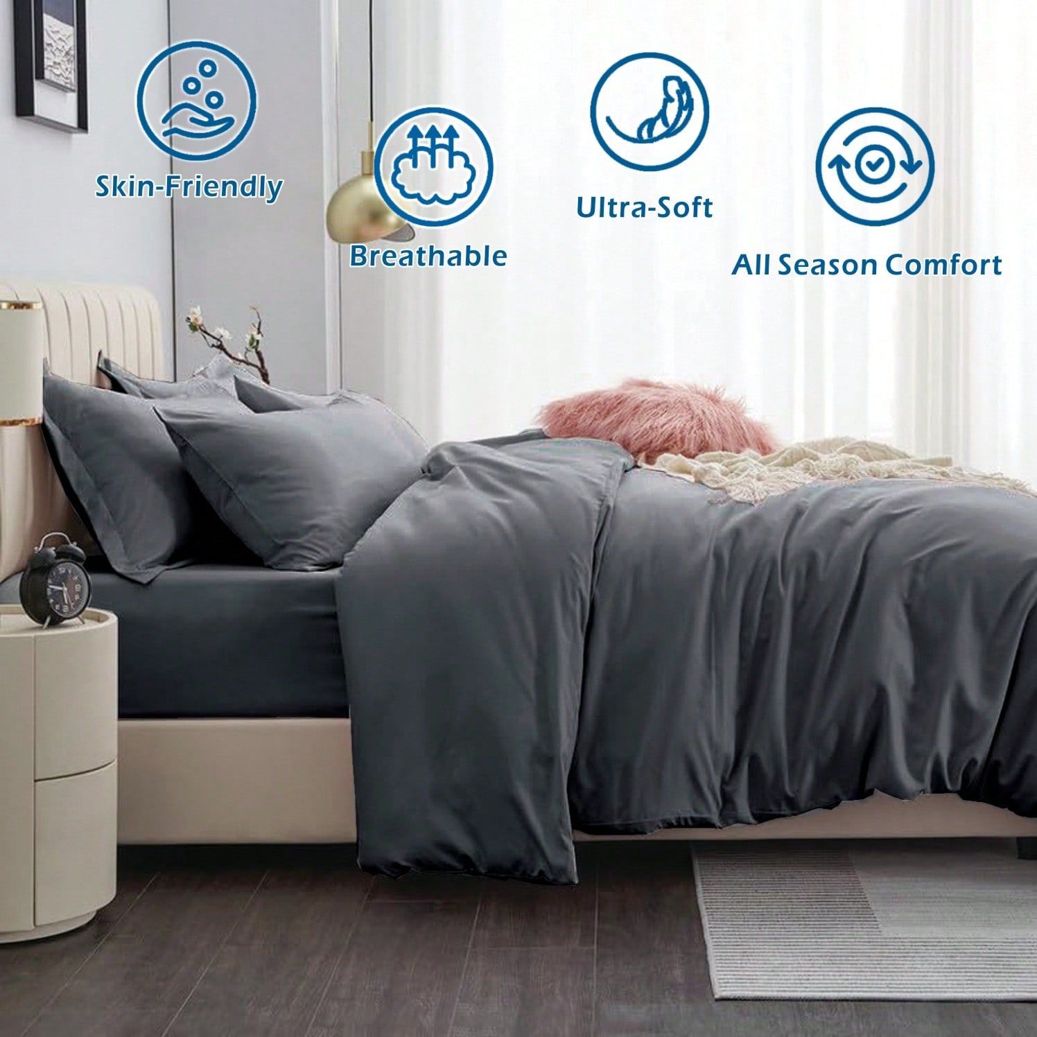 Hotel Soft Microfiber Duvet Cover Set-2000TC Quilt Cover Set & Pillowcases -1 Donna Cover Zipper Closure & 1 x Pillowcases-Breathable Bedding - Wrinkle, Fade, Stain Resistant(Dark gray,Queen)