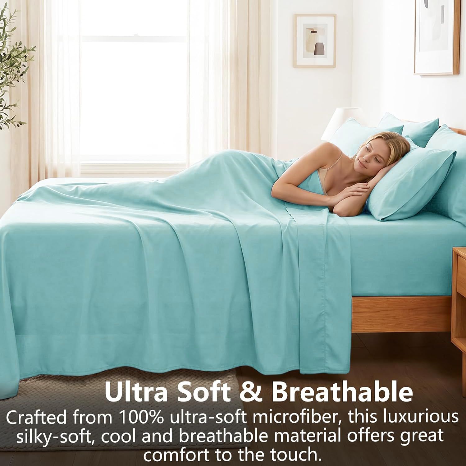 Hotel Soft Bed Sheet Set- Bedding Sheets & Pillowcases -Breathable Bedding - Wrinkle, Fade, Stain Resistant-Deep Pocket Flat Fitted Bed Sheet Set(Ice Blue,Queen)