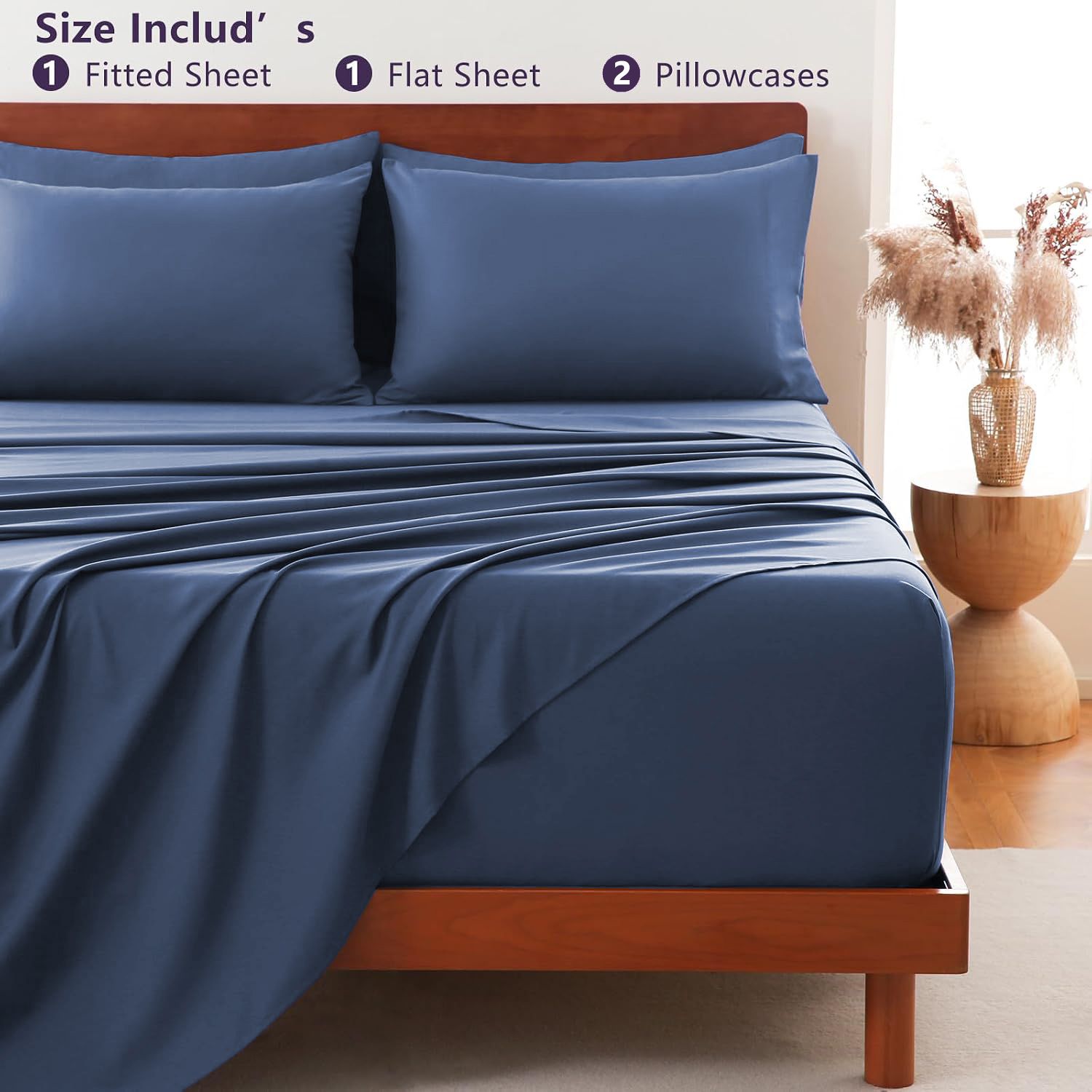 Hotel Soft Bed Sheet Set- Bedding Sheets & Pillowcases -Breathable Bedding - Wrinkle, Fade, Stain Resistant-Deep Pocket Flat Fitted Bed Sheet Set(Navy,Queen)