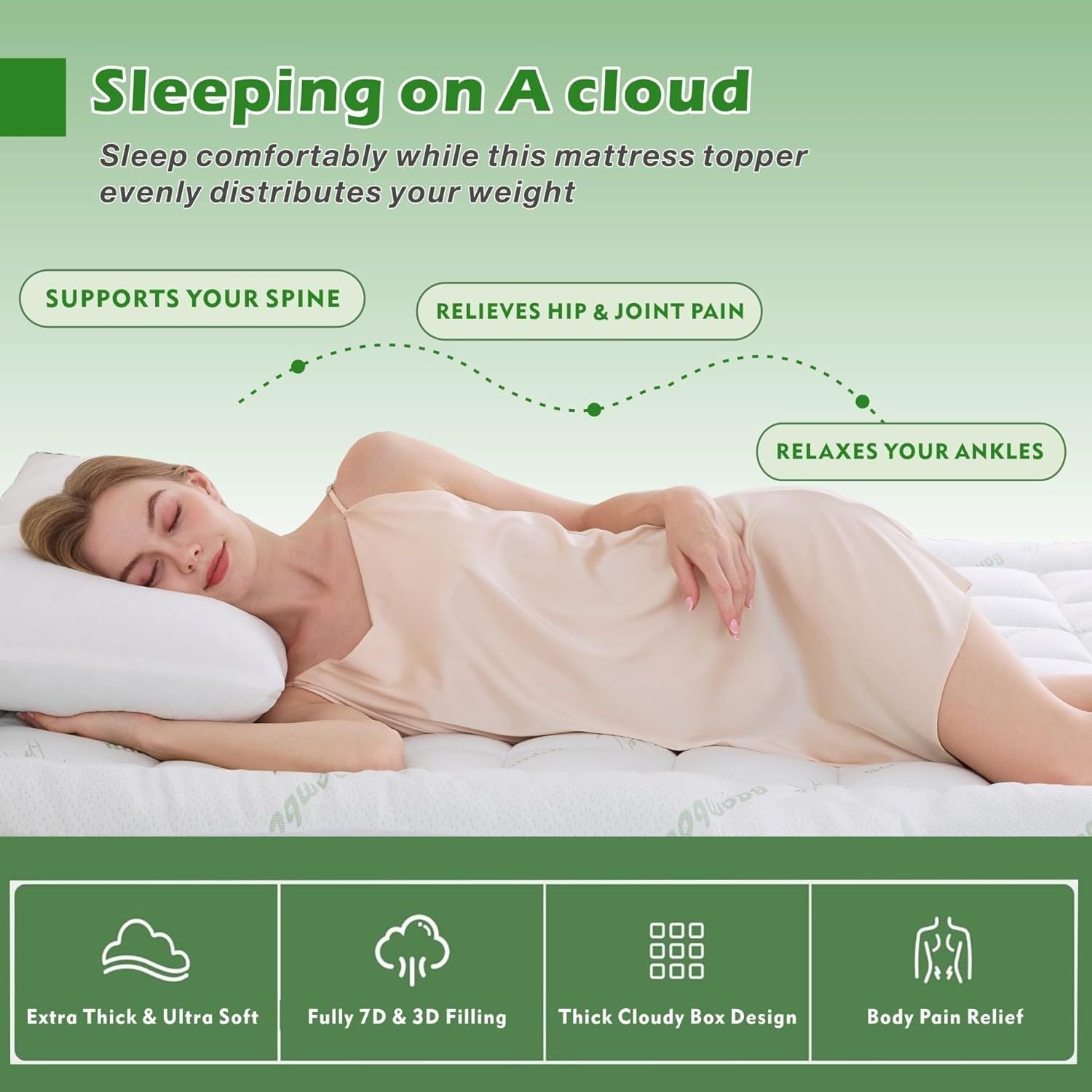 800GSM Mattress Topper Viscose Derived from Bamboo, Thick Pillowtop Fitted Mattress Cover with 45cm Deep Skirt - Machine Washable Hypoallergenic(Super King,Green)