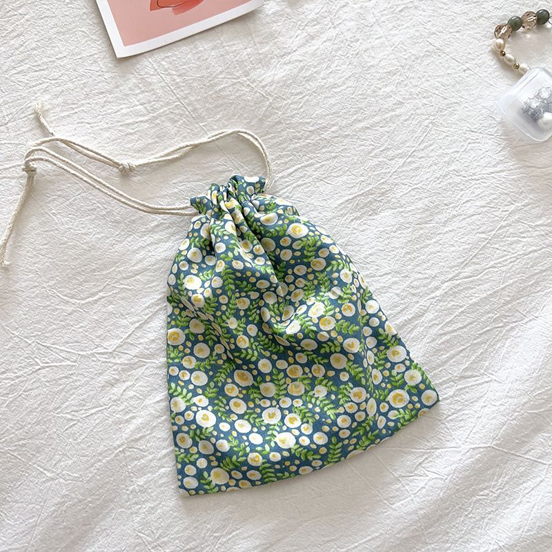 Travel Storage Cotton Bag Drawstring Multi-Purpose. Green background bubble flower-cotton material