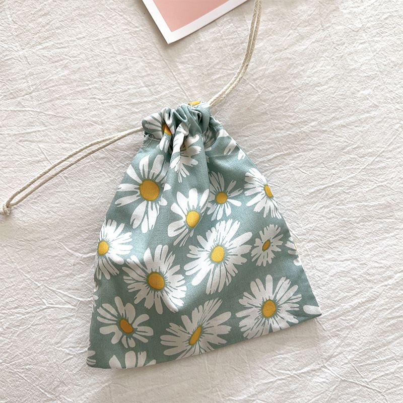 Travel Storage Cotton Bag Drawstring Multi-Purpose. Light green Daisy-cotton material