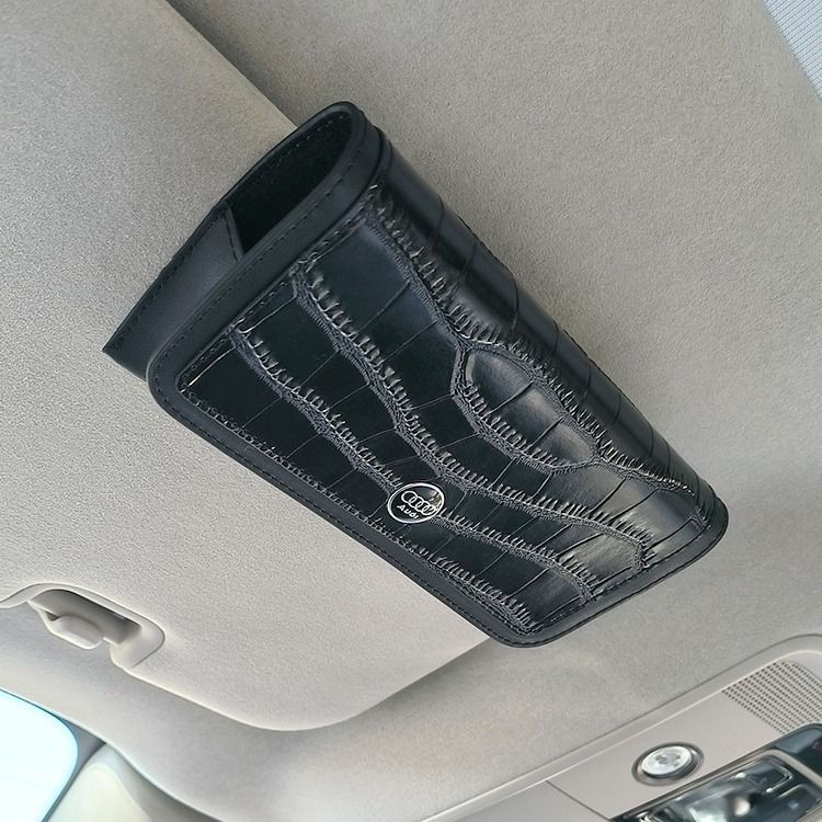 Genuine Leather Car Glasses Clip Sun Visor Holder Black (car logo optional)