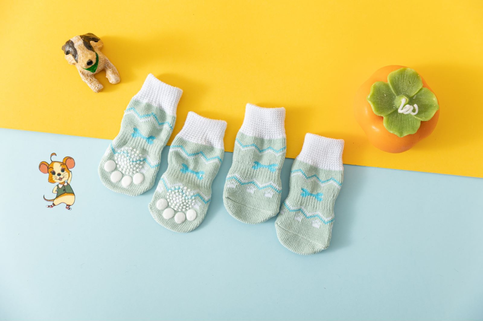 Foot art mouse Pet Socks Cartoon Anti Slip Water Green Ripple M [recommended foot width: approximately 4 cm] 2.5-6kg net weight