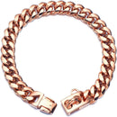Heavy-Duty Metal Cuban Link Dog Collar with Bone Charm – 14mm Stainless Steel Hip-Hop Chain Necklace for Everyday Walks, Outdoor Adventures, and Stylish Pet Accessories in Gold, Silver, Black, and Rose Gold (RoseGold, 14mm*41cm（16in）)
