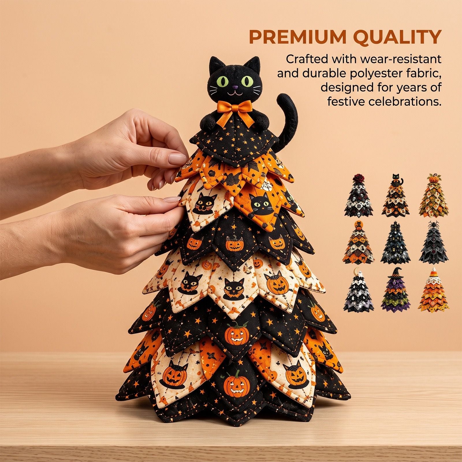 Spooky DIY Felt Halloween Tree Kit – Create a Whimsical Holiday Centerpiece with Pre-Cut Fabric, Plush Fill, and Adorable Ghostly Charms for Mantel, Desk, or Shelf Décor. (Black Cat & Pumpkin)