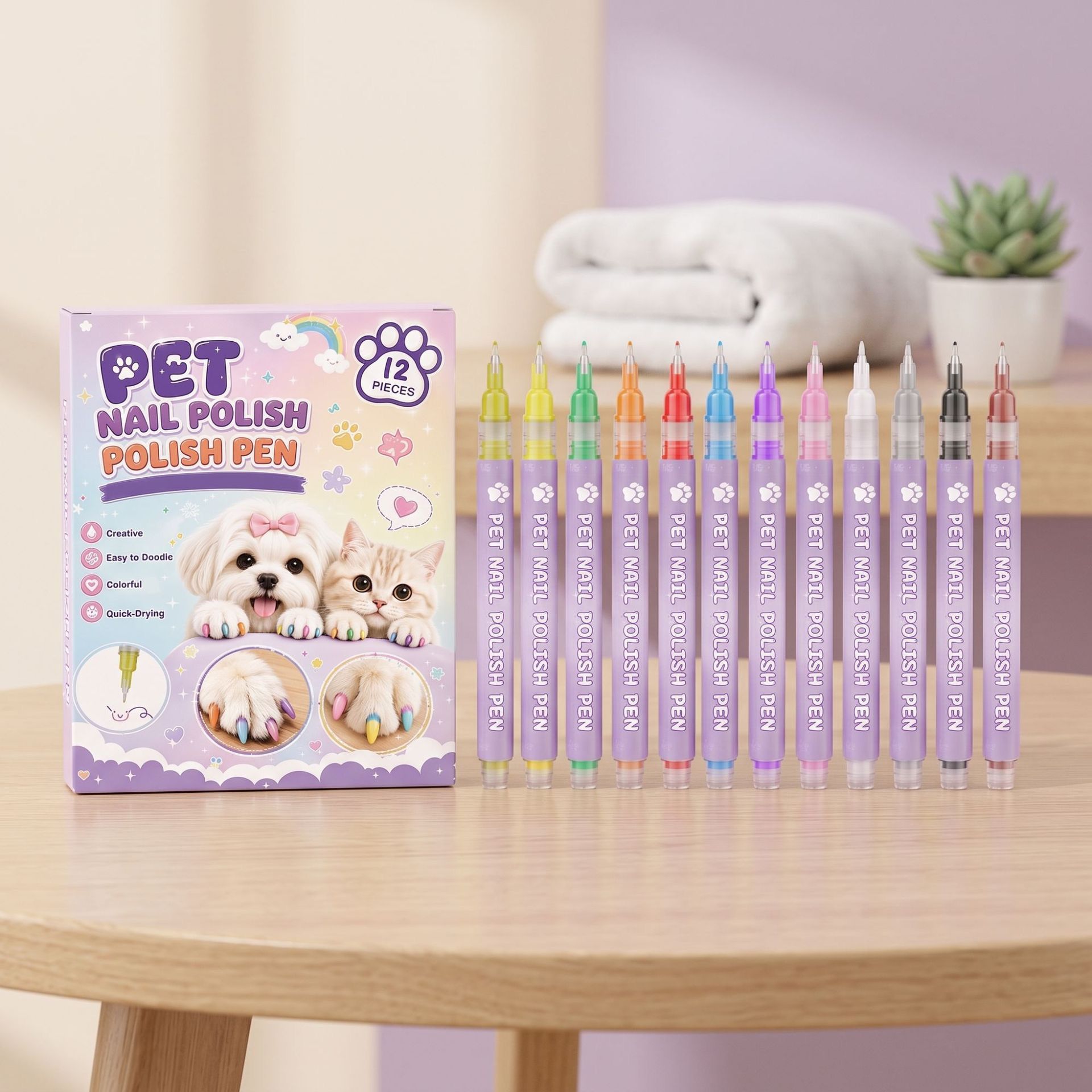12-Piece Pet Nail Art Pen Set – Safe, Vibrant, and Easy-to-Use Color Pens for Cat and Dog Claw Decoration, Perfect for Home Grooming or Professional Pet Salon Styling with Long-Lasting, Non-Toxic Formula (Lavender)
