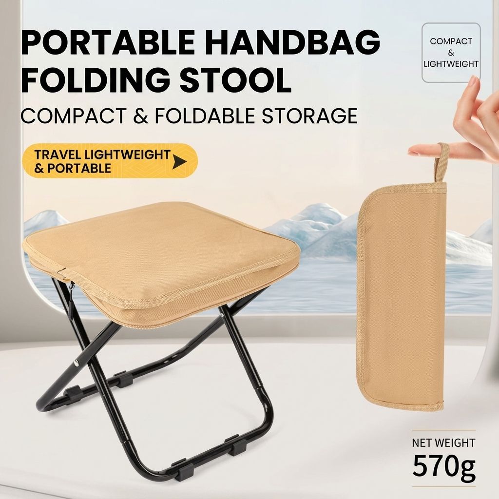 Ultra-Light Portable Folding Stool with Carry Handle – Compact Handbag-Style Camping Seat for Outdoor Adventures, Travel, Queuing, and Picnics, Heavy-Duty Aluminum Alloy Frame, Supports Up to 120kg (XL, Black)