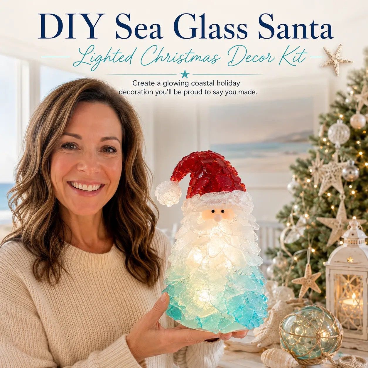 DIY Luminous Sea Glass Christmas Ornament Kit – Create Santa, Snowman, Reindeer, Wreath, Tree & Angel Decor with Built-in LED Lights, Perfect Handmade Holiday Centerpiece & Gift for Festive Home Ambiance (Santa)