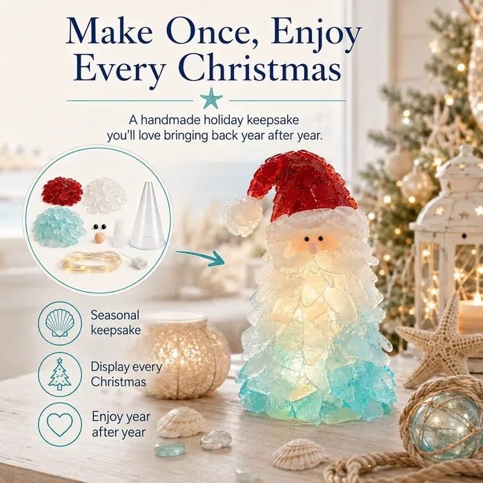 DIY Luminous Sea Glass Christmas Ornament Kit – Create Santa, Snowman, Reindeer, Wreath, Tree & Angel Decor with Built-in LED Lights, Perfect Handmade Holiday Centerpiece & Gift for Festive Home Ambiance (Santa)