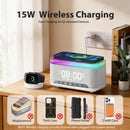 15W Fast Wireless Charging Alarm Clock with Bluetooth Speaker, White Noise Mochine & RGB Night Light, 6-in-1 Digital Bedside Alarm Clock Radio for Bedroom, Grey