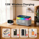 15W Fast Wireless Charging Alarm Clock with Bluetooth Speaker, White Noise Mochine & RGB Night Light, 6-in-1 Digital Bedside Alarm Clock Radio for Bedroom, Grey