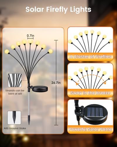 Solar Firefly Garden Lights - 8pcs 64LEDs, Wind-Swaying Outdoor Decor for Patio, Path, Party (Warm White)