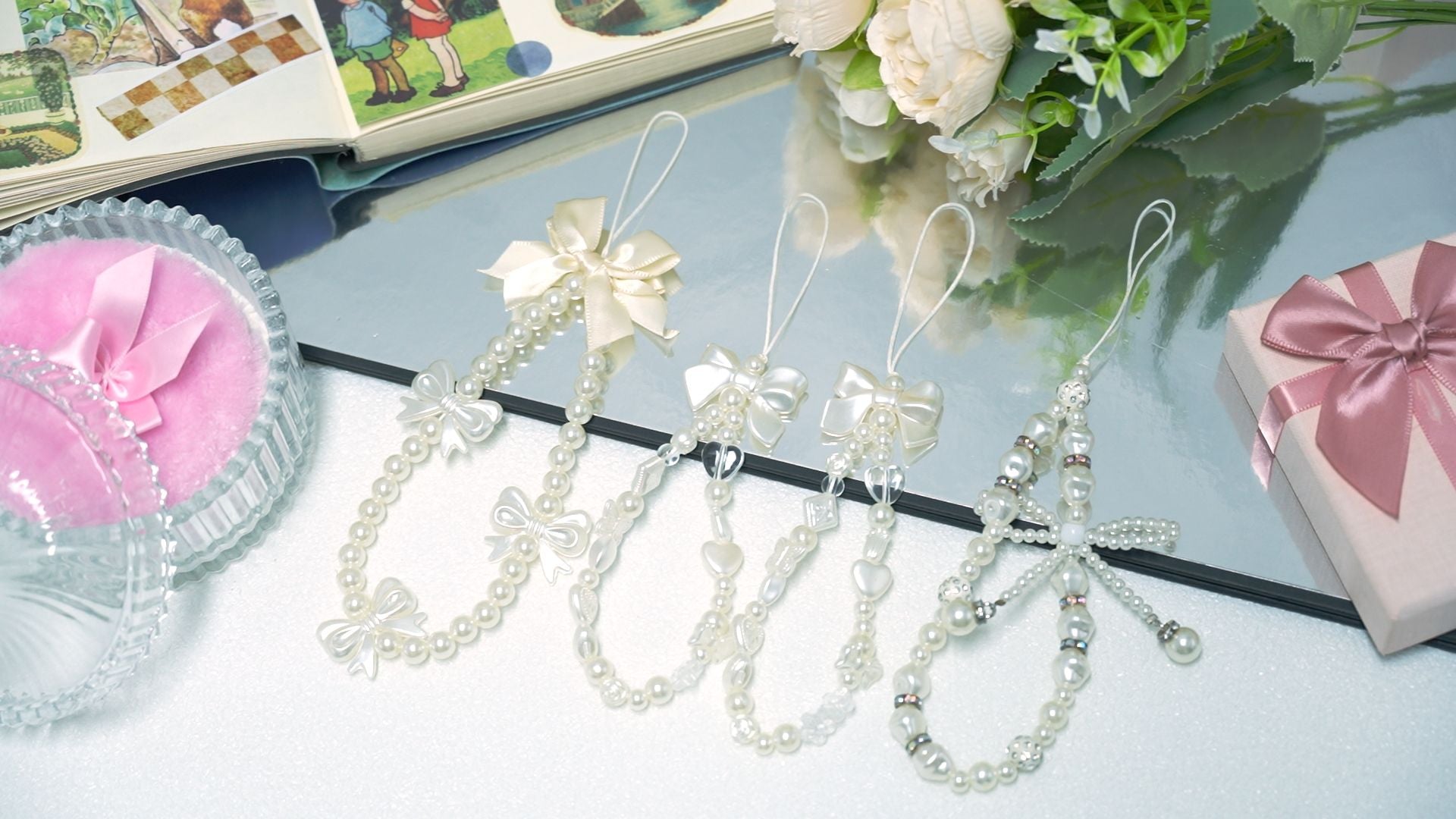 4 Pcs Beaded Phone Charms for Phones, Cameras – Fashionable Cute Accessories for Daily Use, Gifting (white)
