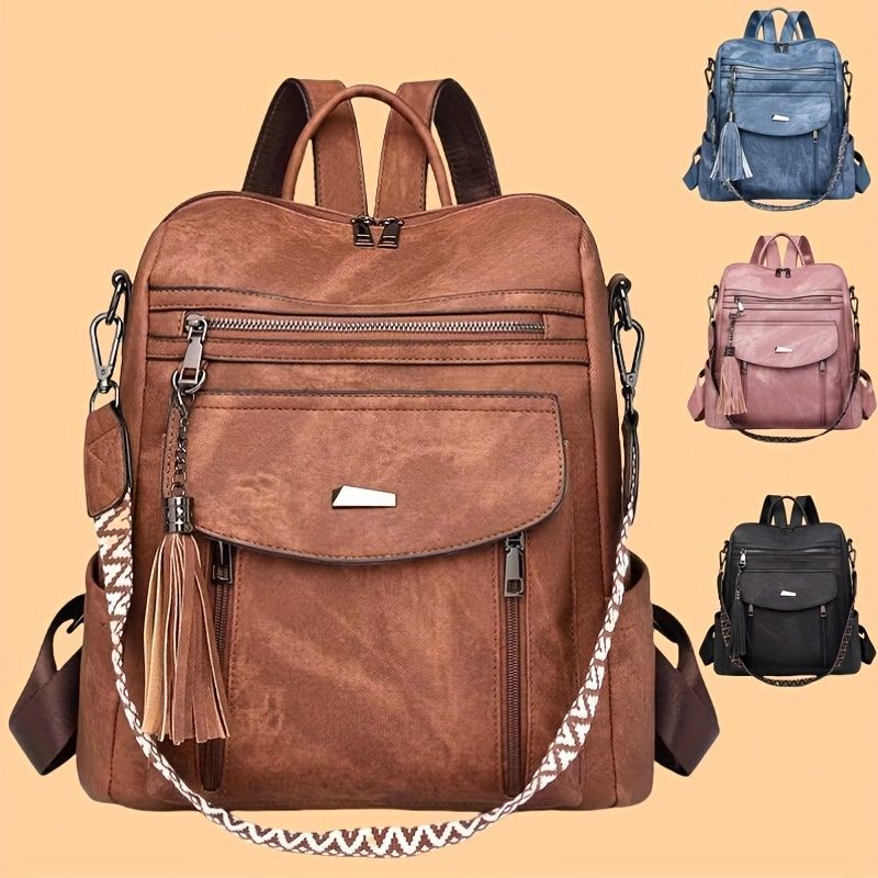 Women'S Travel Backpack Stylish Backpack Leather Backpack Tassel Backpack Chain - Blue - Size 01