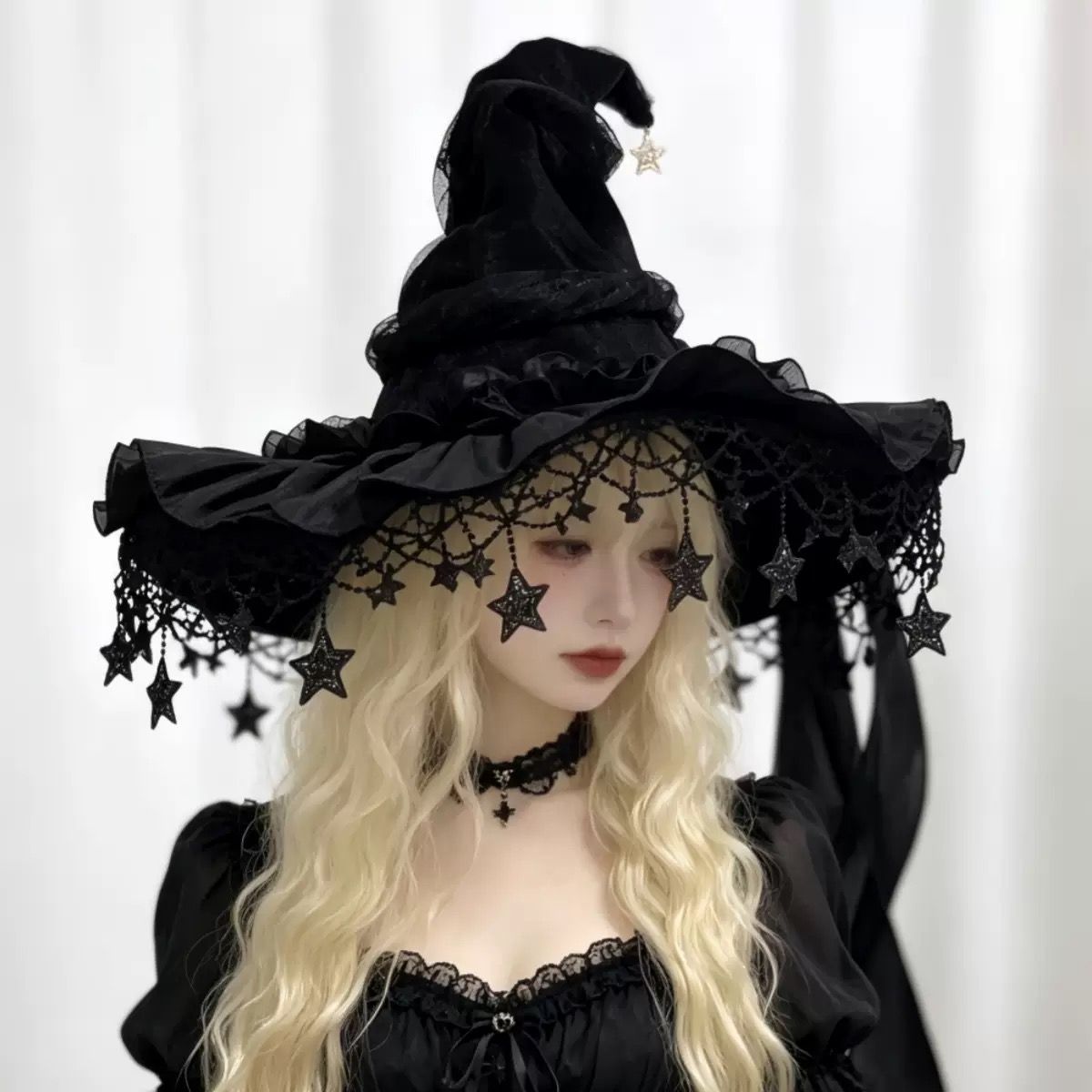 Black Witch Hat Star Ornaments Halloween Accessory Cosplay Hat Themed Party Hat - Black - Size 01