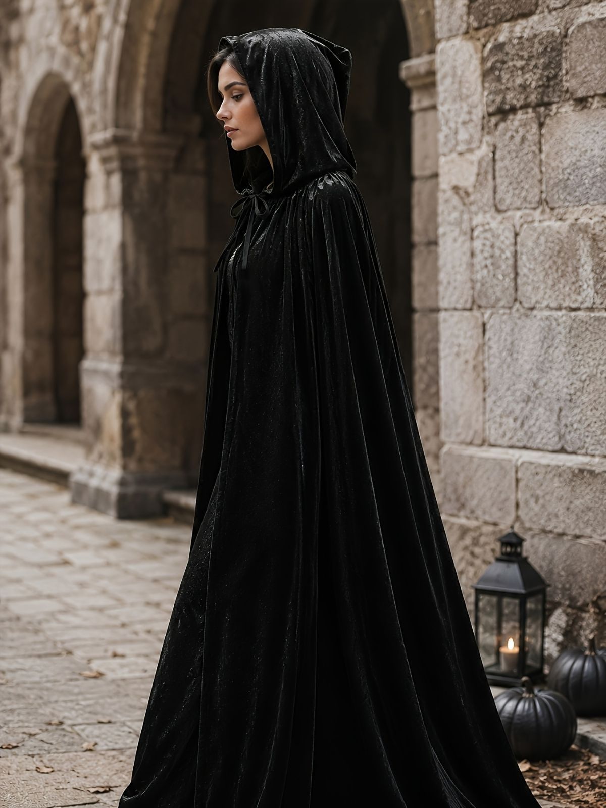 Black Velvet Cape Hooded Cape Cosplay Cape Halloween Costume Cape Party Cape - Black - Size S