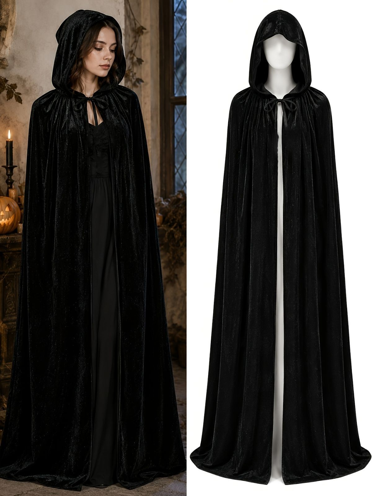 Black Velvet Cape Hooded Cape Cosplay Cape Halloween Costume Cape Party Cape - Black - Size XL