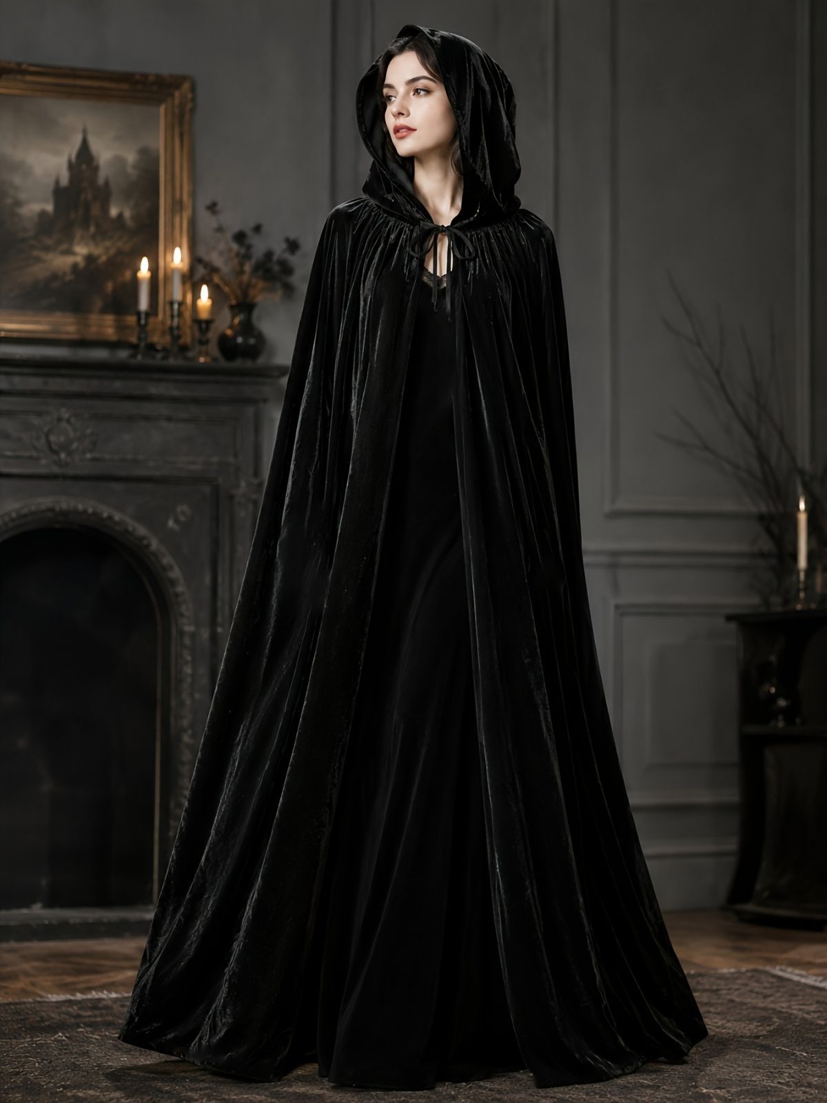 Black Velvet Cape Hooded Cape Cosplay Cape Halloween Costume Cape Party Cape - Black - Size XXXL