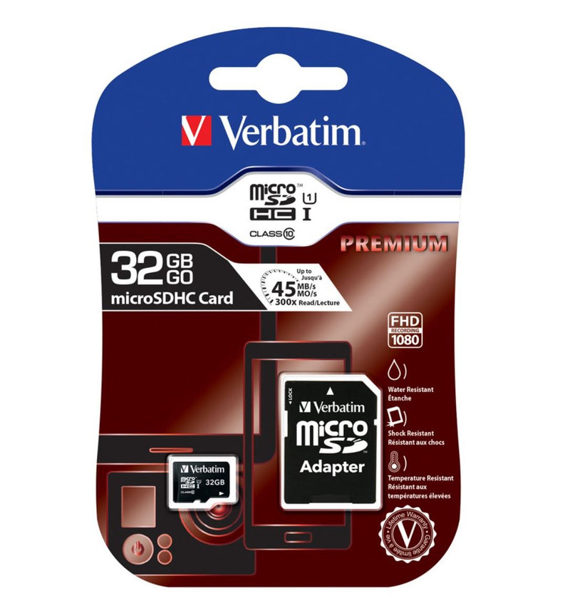 VERBATIM 32GB MicroSD SDHC SDXC Class10 UHS-I Memory Card 45MB/s Read 10MB/s Write 300X Read Speed with standard SD adaptor