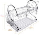 2 Tier Dish Rack with Drain Board for Kitchen Counter and Plated Chrome Dish Dryer Silver 42 x 25,5 x 38 cm