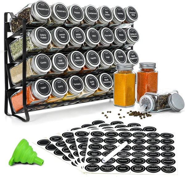 Spice Rack organiser with 28 Spice Jars, Spice Labels, Funnel and Marker for Kitchen Countertop