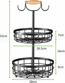 2-Tier Fruit Basket Bowl Storage with Wood Lift Handle and Dual Banana Tree Hanger for Kitchen Countertop