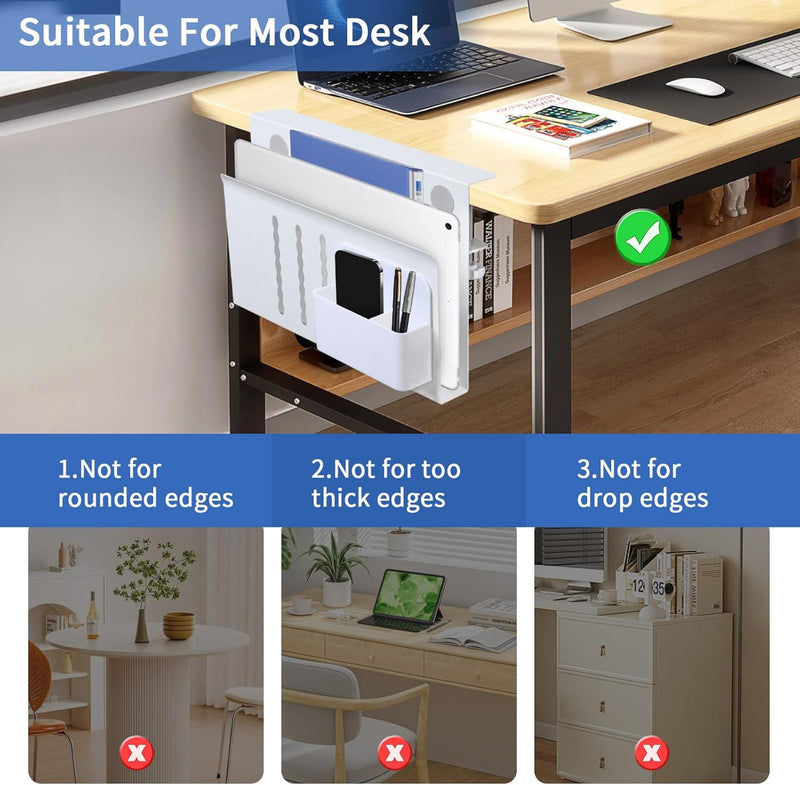 Under Desk Side Laptop Holder Storage with No Drill Cable Management Tray and Pen Storage for Office and Home