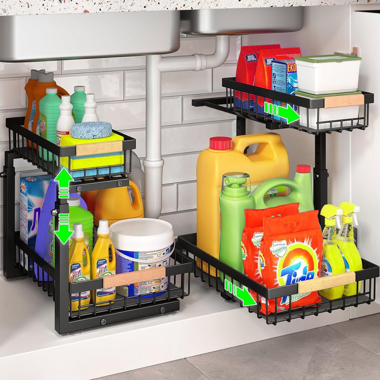 Set 2 pcs - 2-Tier Kitchen Under Sink Organiser Storage with Height Adjustable, Unique Slide Rail & Suction Cups for Storage