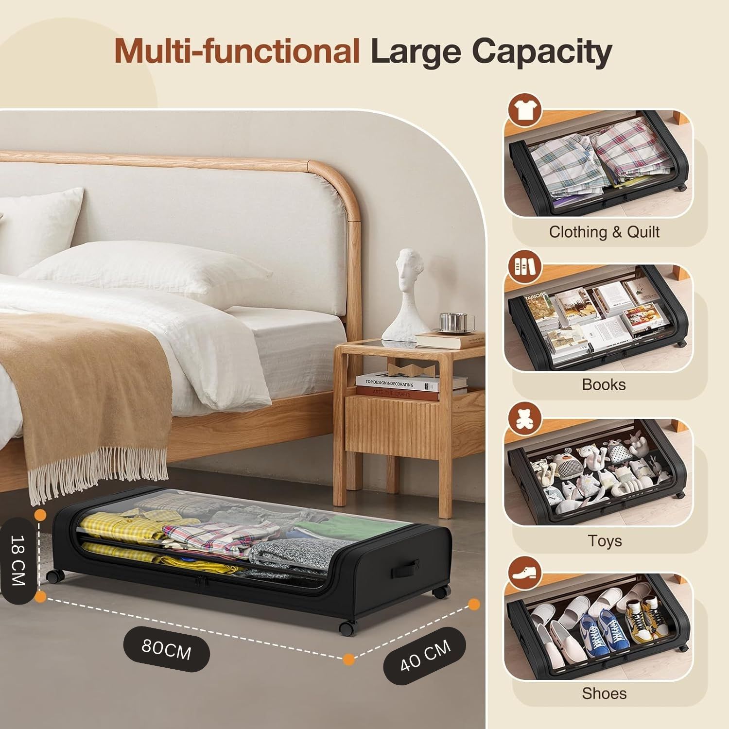 Set 2 Pcs XXL Under Bed Rolling Storage Containers with 50L Large Capacity and Wheels