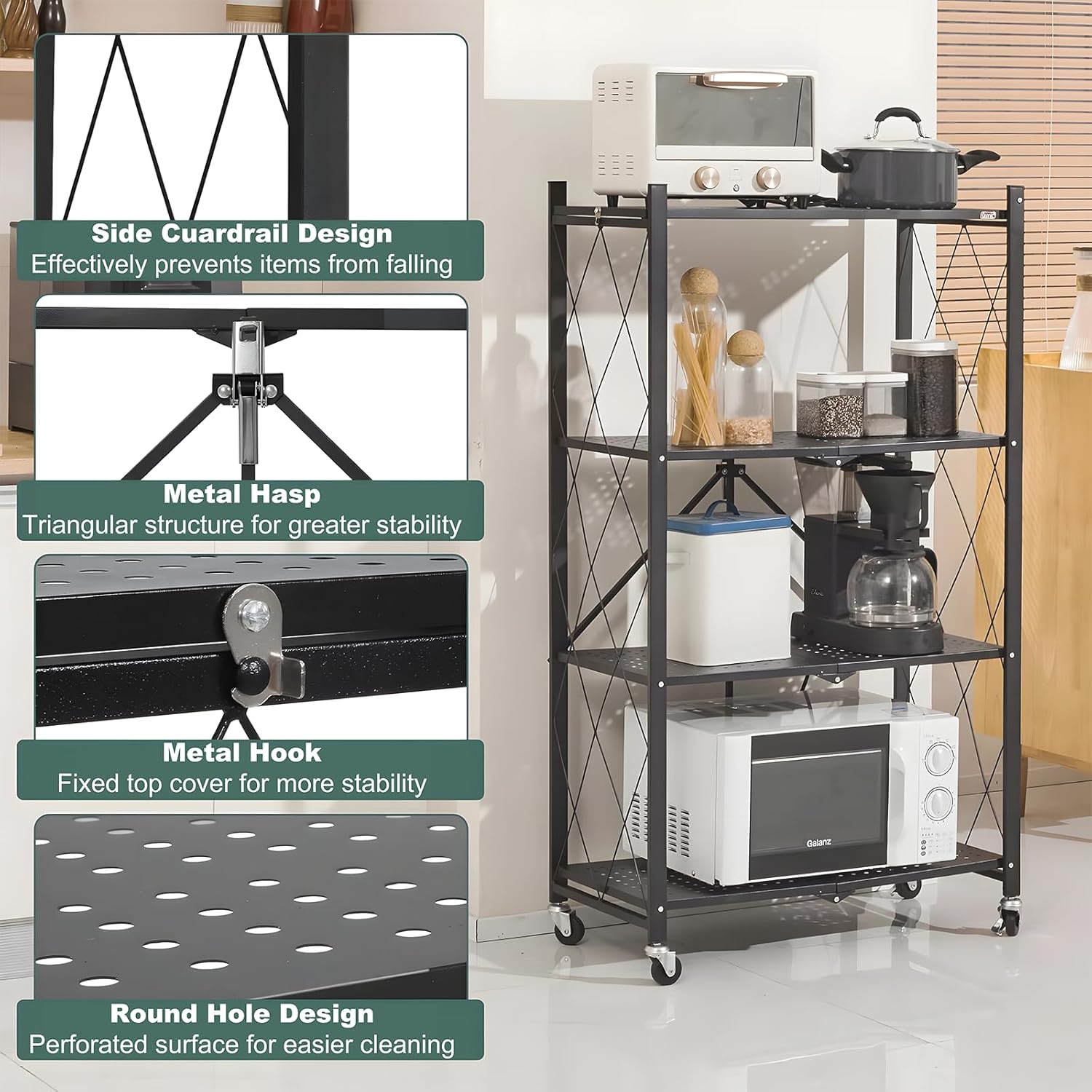 CARLA HOME 4-Tier Foldable Storage Shelf with Wheels for Kitchen, Garage, Pantry or Basement (Black)